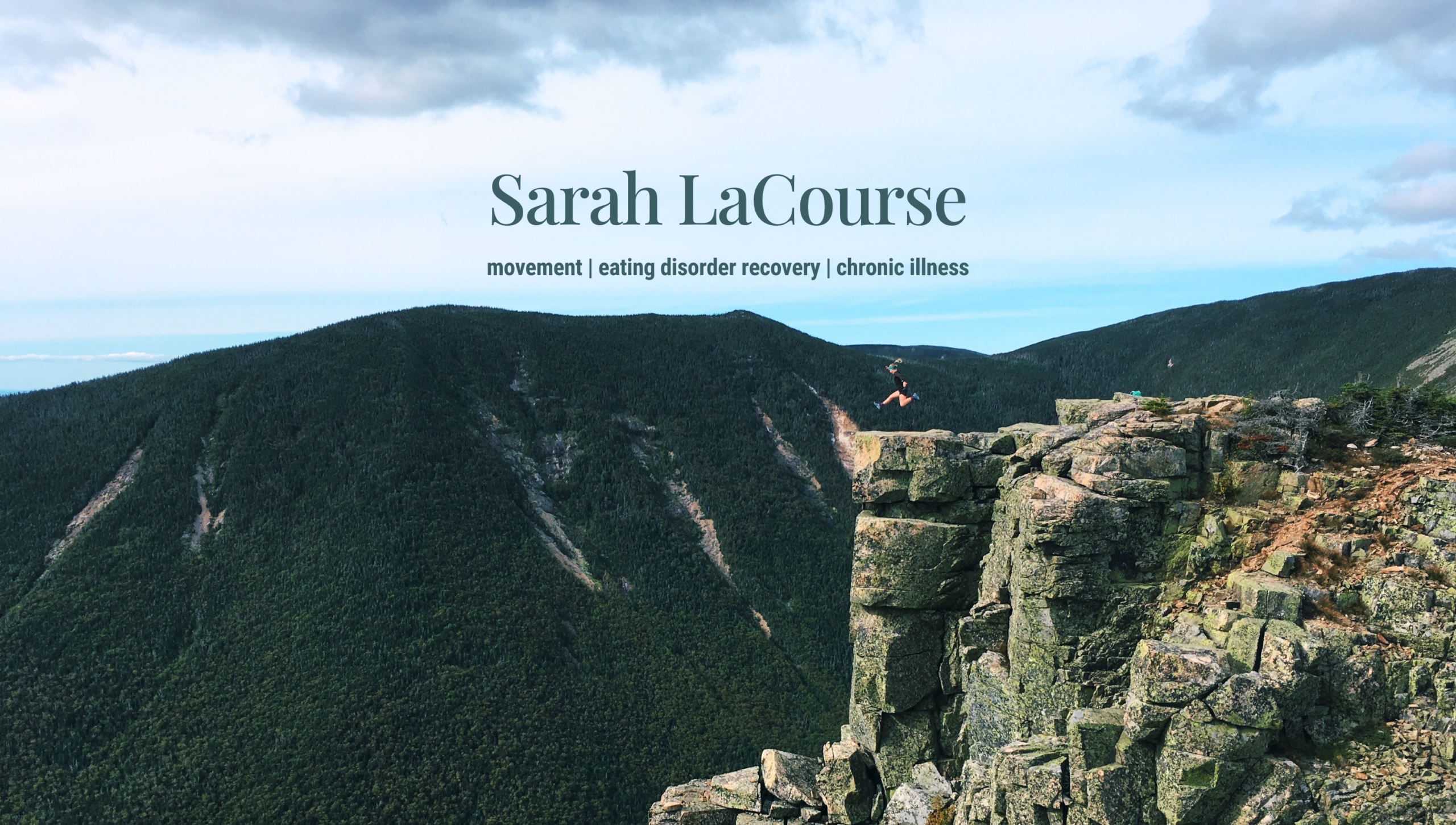 Sarah LaCourse, eating disorder recovery and movement coach, in an outdoor mountain setting.